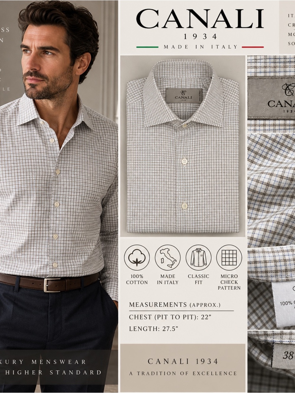 Canali Men's Micro-Check Dress Shirt in Light Gray and Blue Sz 38-15